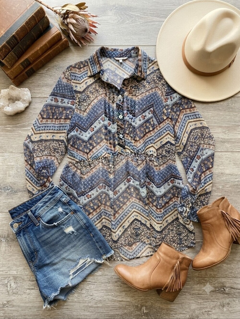 Simply Noelle Blue Mixed Pattern Sheer Long Sleeve Flowy Blouse Tunic